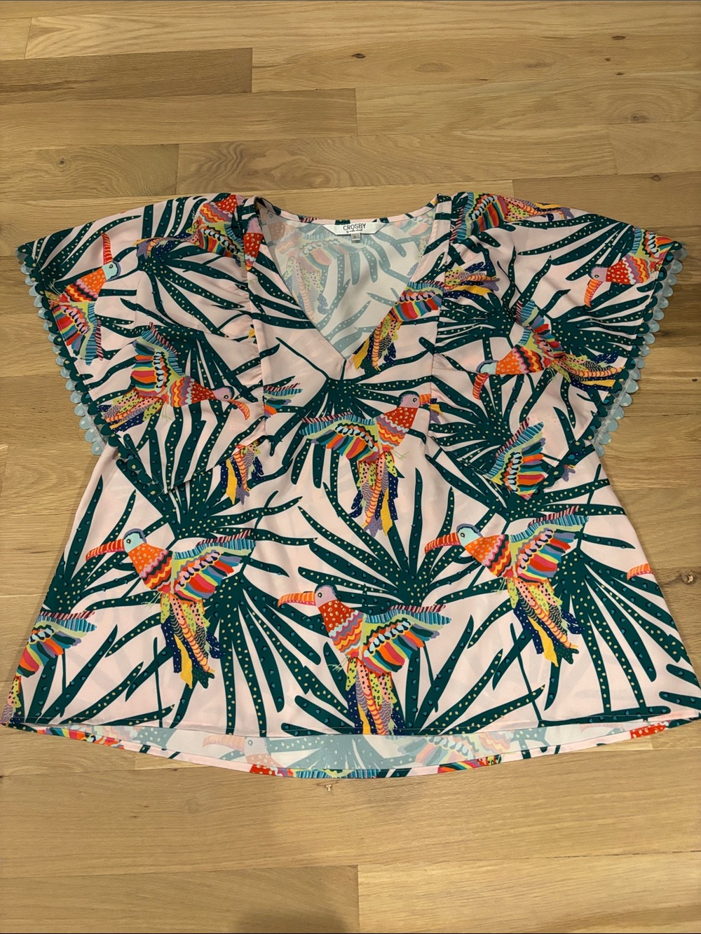 CROSBY by Mollie Burch Pink Tropical Parrot V-Neck Top